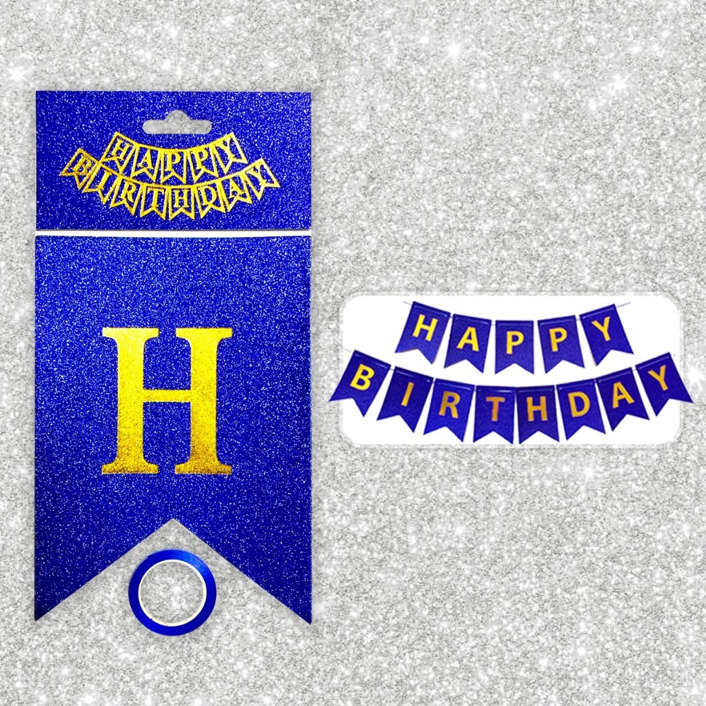 Happy birthday glittery paper banner
 (in dark blue color)