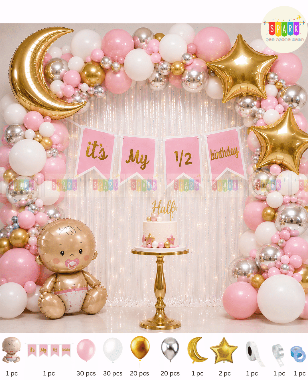 unicorn Balloons (95) 1/2 Birthday Balloon Decoration Set – Pink & Gold